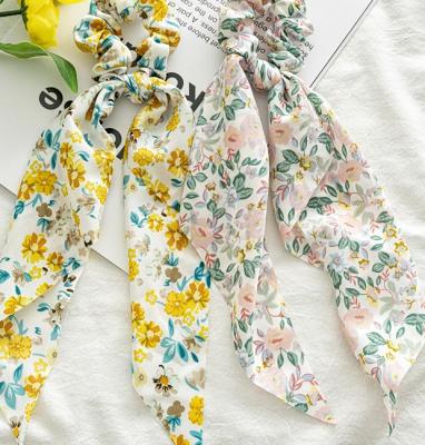 China Floral Ribbon Headpiece Ponytail Party Chiffon Tie Band Summer Beach Hair Band Leather Rope for sale