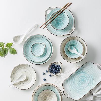 China Viable Light Blue Color Japanese Style High Quality Tableware Bowl Dish Spoon Set Ceramic Porcelain for sale