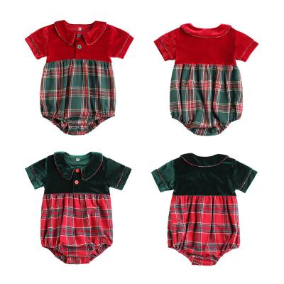 China Sweet Baby Clothes Newcomer Baby Christmas Romper Quilted Green Velvet And Plaid Flannel Rompers for sale