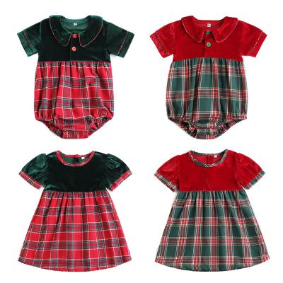 China Green Cotton Christmas Tartan Toddler Onesie Clothing Set Monogrammed Matching Baby Bubble Romper for sale