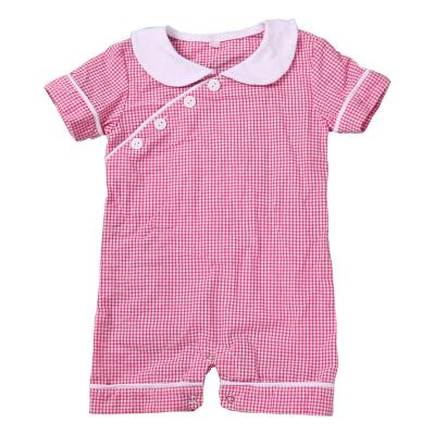 China 100% Newborn baby girl shortall jumpsuit summer sale babies Peter Pan romper hot cotton seersucker collar for sale