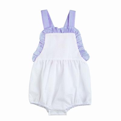 China Monogrammed Striped Embroidered Newborn Baby Bubble Summer Baby Seersucker Cotton Soft White Colorful Ruffle Bodysuit Romper for sale