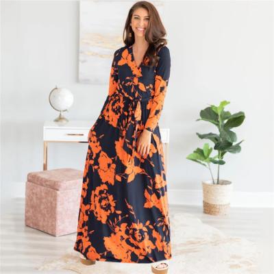 China YQ873 Wholesale Free Shipping Breathable V Neck Lace Up High Waist Printed Casual Floral Long Sleeve Maxi Dress for sale