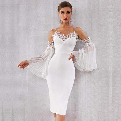 China Free Shipping YQ982 Breathable Sexy Bubble Women Long Sleeve Midi Dress White Lace Bandage Dress Party Princess Dress for sale