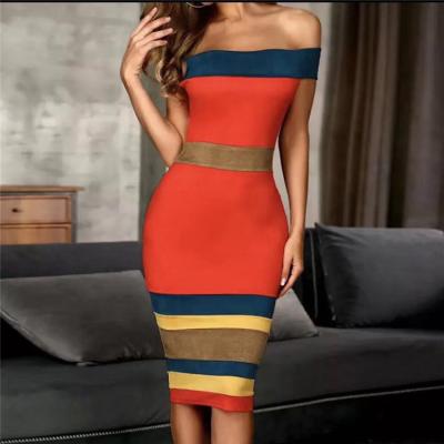 China YQ981 Breathable Off Shoulder Midi Women Bandage Dress Over Color Strap Patchwork Bodycon Dresses for sale