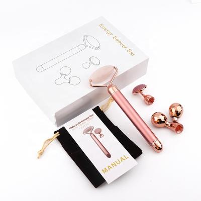 China OEM Logo Gold Face Lift Beauty Bar Anti Wrinkle Vibrating Rose Quartz Electric Facial Massage Roller for sale