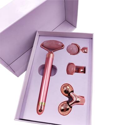 China Wrinkle Remover Custom Logo 4 in 1 Pink Face Lifting Beauty Bar Skin Whitening Rose Quartz Vibrating Face Roller for sale