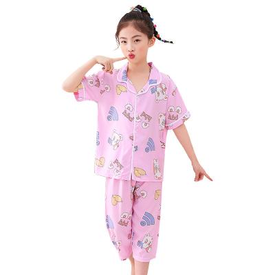 China New lapel cotton breathable children's suit air conditioning pants children's service summer home silk suit and thin short-sleeved cropped bo for sale