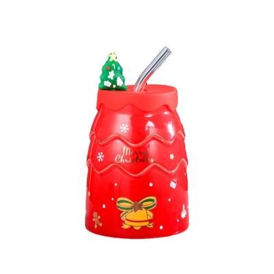 China Country Creative cartoon Christmas tree shape ceramic cup with cover New Year gift Santa Elk snowman mug for sale