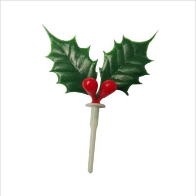 China Custom Plastic Cupcake Accessories Cupcake Toppers Christmas Green Leaves Christmas Plug-in Cake Toppers for sale