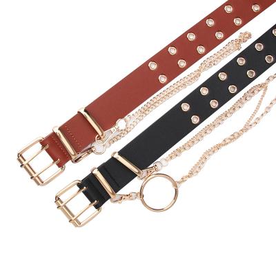 China 2022 women belt women's fashion punk belt doubles grommets belt chain belt PU leather men's belt for sale