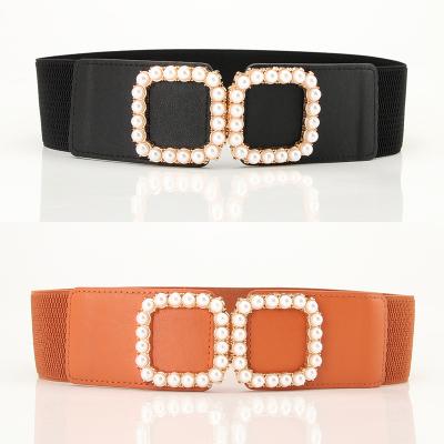 China Retro Pearl Stretch Women Waistband Skinny Waistbands Waistband Elastic Metal Buckle Elastic Waist Belts for sale