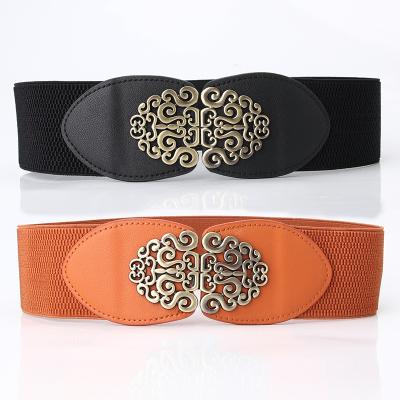 China New European elastic belt women and belts of the American wide waist simple cut out simple joint women's double buckle soft belt retro accessories for sale