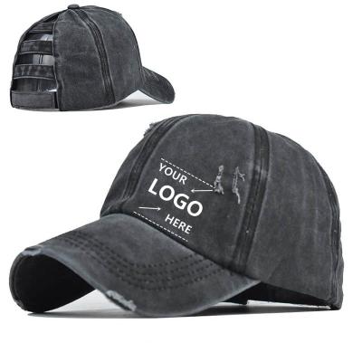 China Hot Sale Classic Unisex Dobby Women's Washed Plain With Ponytail LOGO Baseball Hats Caps Custom Crossover for sale