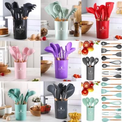 China Wooden Sustainable Silicone Kitchen Utensil Set , 12pcs/set Silicone Tools Kitchen Cookware Set Silicone for sale