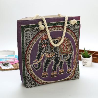 China Reusable Cotton Canvas Embroidery Elephant Thailand Canvas Lady Rope Handle Tote Beach Bag for sale