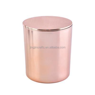 China ECO-frendly solid rose gold cylinder candle jar electroplating glass candle holder with metal lid for sale