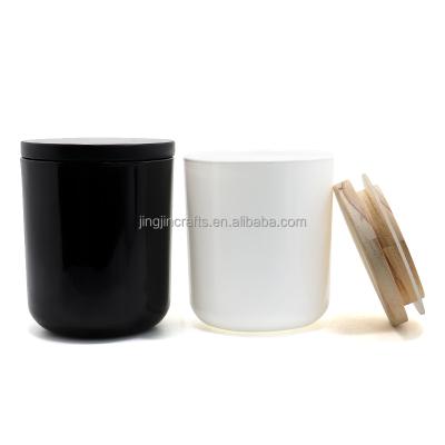 China Home Decoration White Jar Candle Holder Glossy Shiny Color And Black Candle Holder With Sealed Wood Lid 14oz for sale