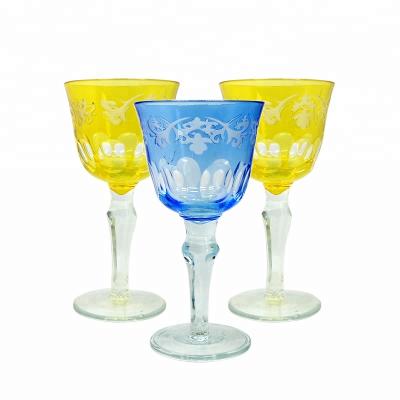 China Edo Viable Japanese Kiriko Blue and Yellow Wine Glass White Wine Cup Set for sale