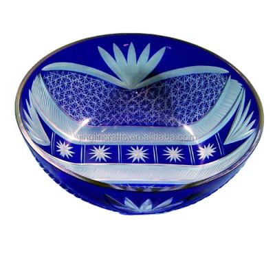 China Lowest Price Sustainable Cobalt Blue Art Kiriko Glass Bowl Modern Fruit Salad Bowl for sale