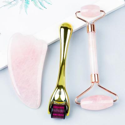 China Anti-Puffiness Beauty Massage Tools Microneedling Set Kit Face Massager Jade Roller Rose Quartz Micro Needles Derma Roller for sale