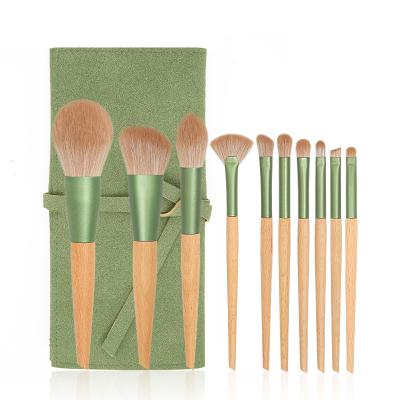 China Hot Selling Wooden Handle 10pcs Smudge Brush Cosmetic Sweep Makeup Brush Set Wholesale With PU Bag for sale