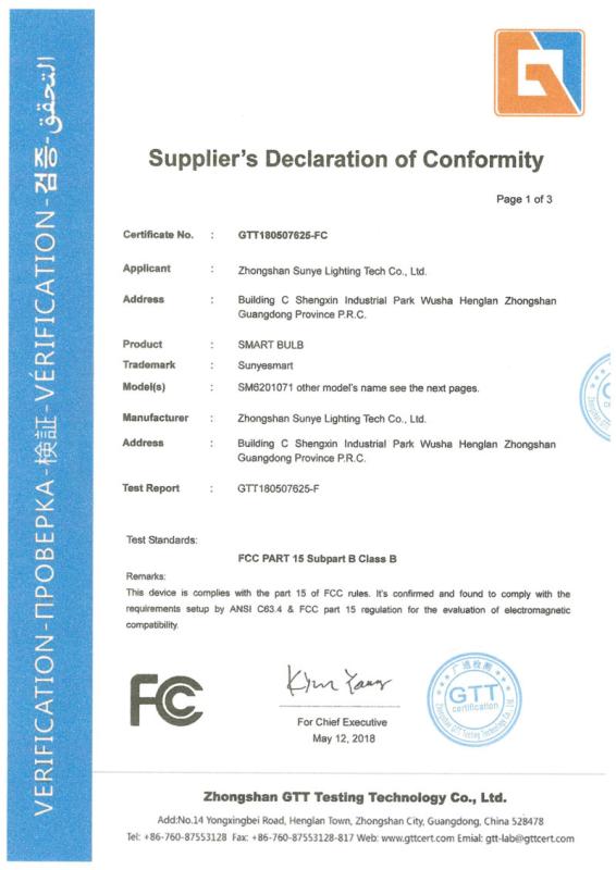 FCC - Zhongshan Sunye Lighting Tech Co., Ltd.