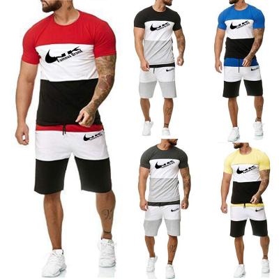 China Breathable Custom Brand LOGO Mens Short Sleeve 2 Piece Sport Fitness Joggers Summer Short Set Patchwork Mens T-shirt Shorts Sets for sale