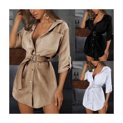 China 2020 New Fashion Style Solid Color Pull-sleeve Mini Dress Office Women Breathable Casual Shirt Dress High-waisted for sale