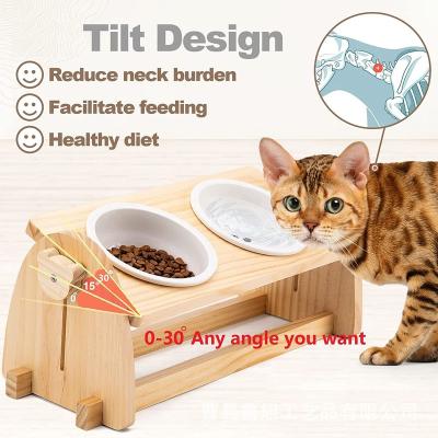 China Automatic Cat Bowl Rack Pet Food Bamboo Bowl Holder Wooden Stand With Ceramic Bowl for sale