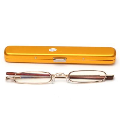 China 2021 Foldable High-end Fashion Small Mini Metal Stainless Steel Reading Glasses With Pen Tube Aluminum Case for sale