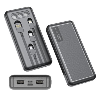 China USB 2 Port Built In Cable 4 To 1 Power Bank 20000mAh Dual Usb Ports With LED Light Power Bank For Outdoor for sale