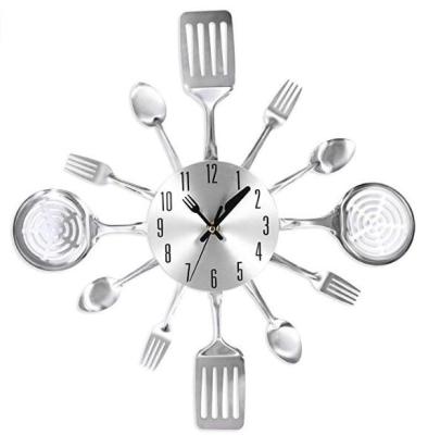 China Antique Style Contemporary Kitchen Utensil Clock Silver Toned Forks Spoon Spatulas Wall Clock for sale