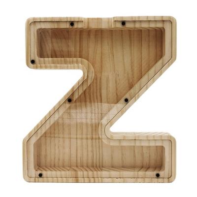 China Coffee tables wooden piggy bank letter, personalized creative alphabet Z shaped text engraved wooden piggy bank, gift for kids for sale