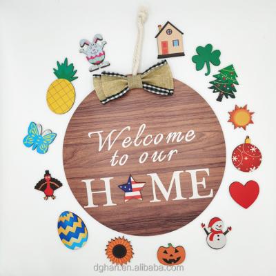 China Board Manufacturers Supply American Welcome List Around Sign Home Decoration Artificial Flower Ornaments Wooden House Number for sale