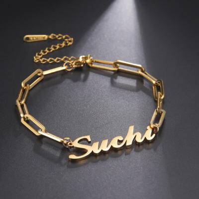 China custom rectangular chain name letter bracelet Anti-allergic for gold plated jewelry for sale