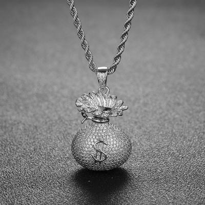 China New Zircon Bag Silver Diamond Hip Hop Pendant Necklace Anti-allergic Pendant Silver Dollars for sale