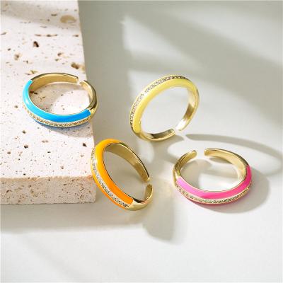 China 2021 Anti-allergic Micro Zircon Ring Enamel Oil Drip Copper Inlaid Geometric Open Ring for sale