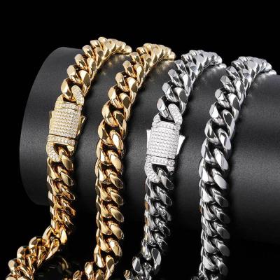 China Anti-allergic 10-12mm Miami Stainless Steel Chain With Diamond Spring Buckle Gold Cuban Link Chain for sale