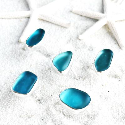 China Silver Glass Ring Collection Jewelry 2027 Romantic Blue Ocean Summer Beach Travel Teardrop Organic Sea Glass for sale