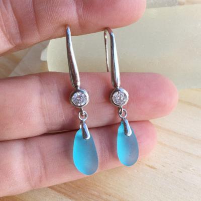 China Romantic Sea Glass Earrings Turquoise Blue Beach Sterling Silver Glass Earrings Something Blue for sale