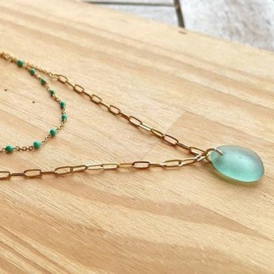 China Gold Beaded Two Row Chain Romantic Sea Glass Necklace And Paper Clip Necklace Sea Glass Jewelry for sale