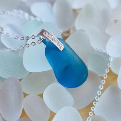 China Romantic Deep Blue Sea Glass Necklace Something Blue Sterling Silver Beach Glass Jewelry Gift Pendant Sea Glass Bridal Jewelry for sale