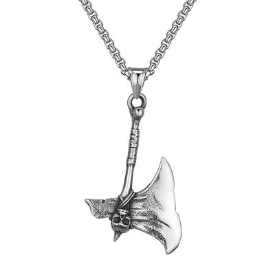 China Vintage Silver Skull Head Hiphop Viking Ax Necklace Viking Engraved Gothic Titanium Steel Pendant For Men for sale