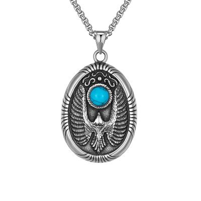 China Hiphop Fashion Trend Dog Tag Eagle Titanium Steel Blue Pendant Inlaid Turquoise Pendant Necklace Jewelry for sale