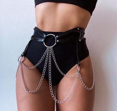 China Sexy Leather Belt Double Fringe Waist Chain Metal Body Chain Waterproof Restraint Belt for sale