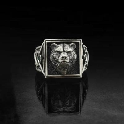 China CLASSIC Viking Bear Scandinavian Ring 925 Sterling Silver Jewelry Bear Seal Mens Ring Solid Bear Gemstone Oxidized for sale