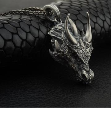 China Neo-Gothic Silver Ribbon 3D Dragon Pendant Mythology Necklace Valentines Day Gifts Dragon Oxidized Mens Pendant Necklace for sale