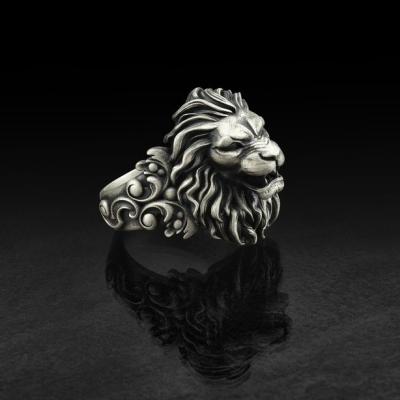 China Lion Ring Silver African Lion Jewelry Wild Neo-Gothic Large Lion Ring for sale