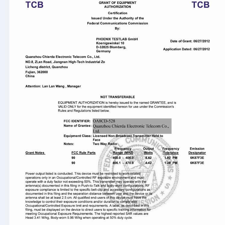 FCC - Quanzhou Chierda Electronic Telecom Co., Ltd.